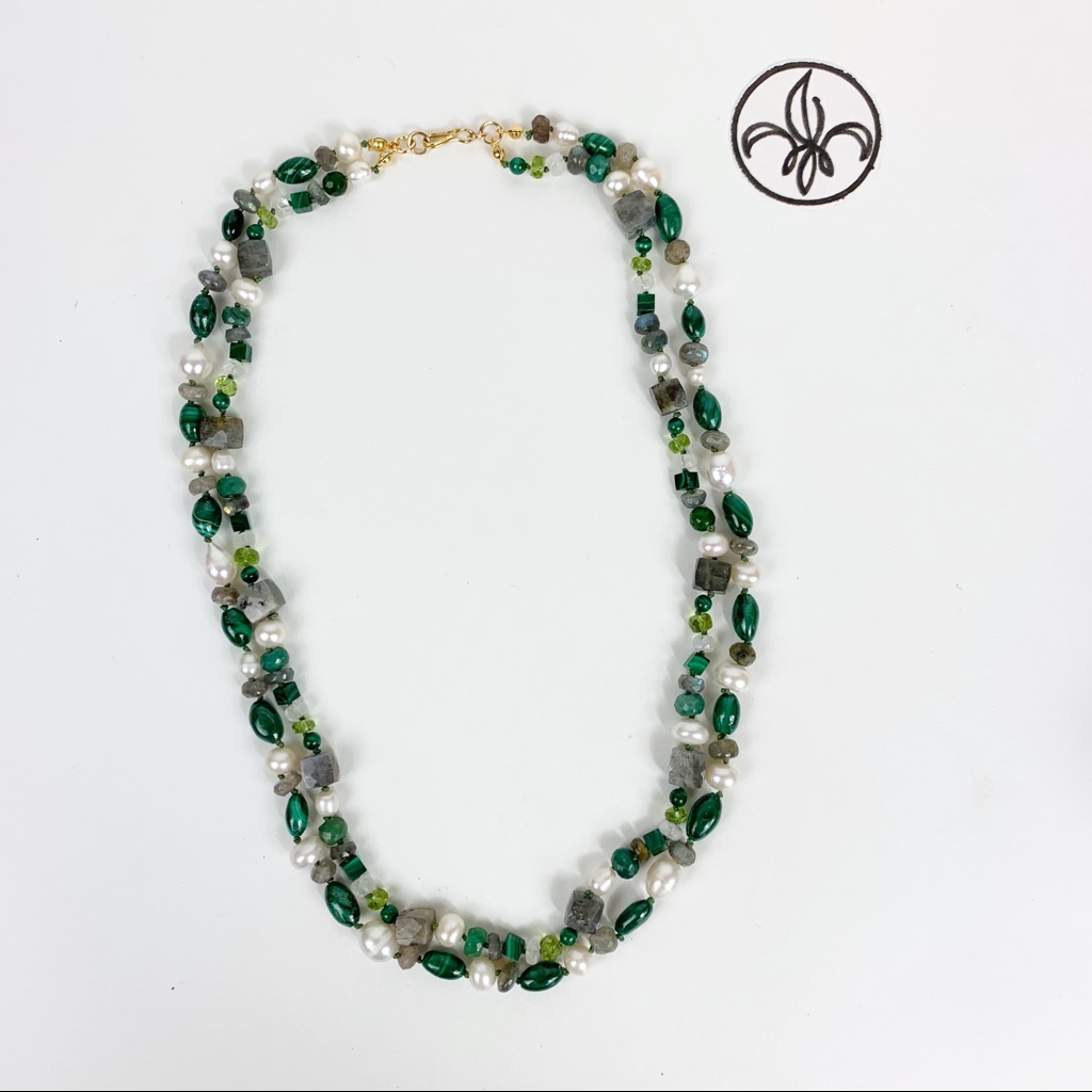 Knotted 2 Strand Gemstone Beaded Necklace Malachite Labradorite Pearl